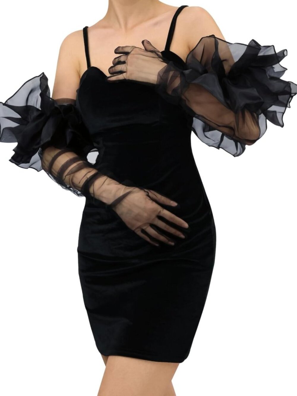 Chic Oversized Sheer Tulle Mesh Long Gloves for Women - Elegant Fashion
